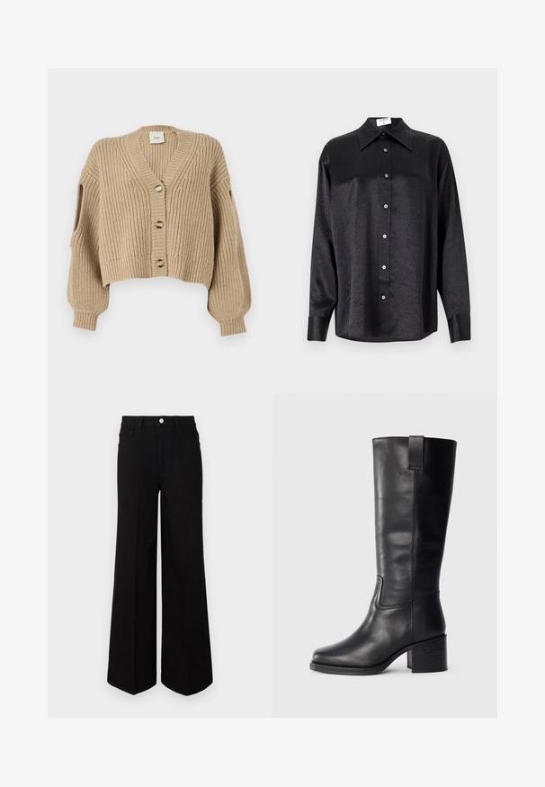 Krémszínű, V-kivágású, gombos, cropped hosszúságú kötött kardigán, lecsúszott vállakkal. Strukturált anyag ribbelt mintával és nyitott ujjal.; Fekete, hosszú ujjú ing, galléros nyakkal, gyűrött textúrával, teljes gombos elejével és mandzsettákkal. Simaságú anyagból készült.; Fekete, bő szárú farmernadrág, strapabíró anyagból készült, magas derékkal, elülső zsebekkel és elöl gombos záródással. Lapos szegély az alján.; Fekete bőr, térd fölé érő csizmák sima textúrával, négyzetes orral, tömbsarkúval és oldalsó húzófüllel, minimális varrási részletekkel.