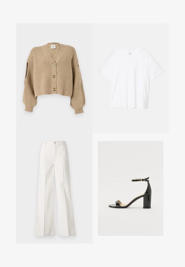 Cardigan bege tricotado com decote em V, botões frontais, comprimento cropped e ombros caídos. Tecido texturizado com padrão canelado e mangas abertas.; T-shirt de algodão branco com mangas curtas, decote redondo, corte descontraído e bainha cosida. Etiqueta visível no interior do pescoço.; Calças largas brancas feitas de algodão com uma textura suave. Apresenta um botão frontal, fecho de correr e um design de quatro bolsos.; Sandal de pele sintética preta com salto largo, ponta aberta e tira no tornozelo com fivela dourada. Textura suave e design elegante.