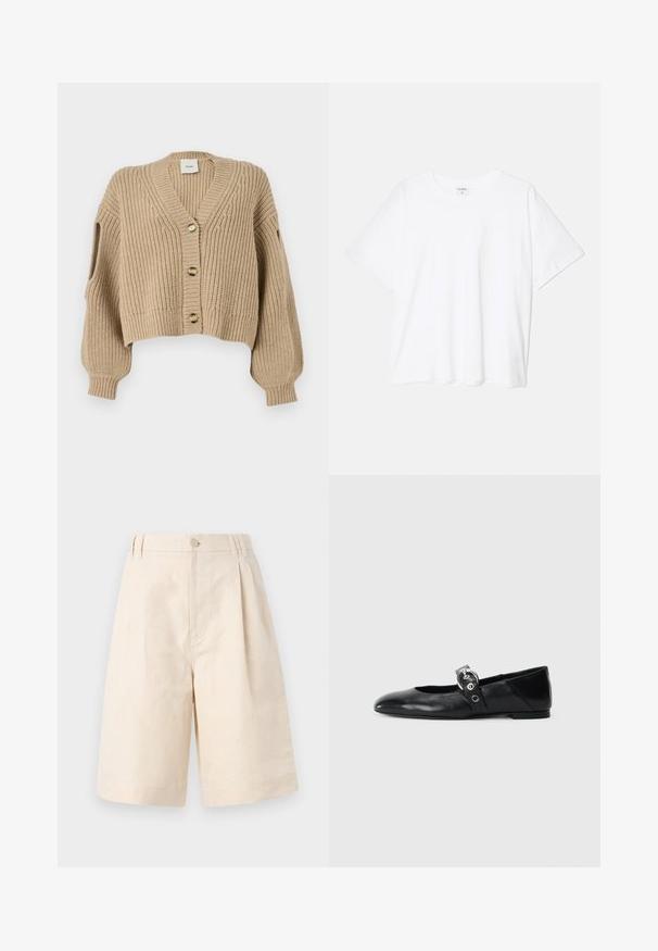 Bež pleteni kardigan z V-izrezom, sprednjimi gumbi, skrajšano dolžino in spuščenimi rameni. Teksturična tkanina z rebrastim vzorcem in odprtimi rokavi.; Bela bombažna majica s kratkimi rokavi, okroglim izrezom, sproščenim krojem in šivanim robom. Oznaka vidna na notranji strani izreza.; Bež lana kratke hlače z ohlapnim krojem, z gumbom, nabranim dizajnom in dolžino do kolen. Gladka tekstura in preprost stil.; Črne usnjene baletne balerinke s koničastim nosom, ki imajo trak z okroglo kovinsko zaponko in ravno podplat.