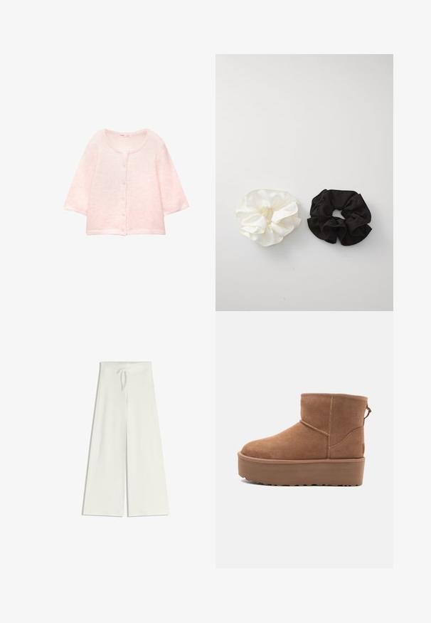 Ružový krátky sveter s krátkym rukávom vyrobený z mäkkej, nadýchanej látky. Okrúhly výstrih, zapínanie na gombíky vpredu a rebrovaný lem.; Jednoduché biele tričko vyrobené z bavlny s okrúhlym výstrihom, krátkymi rukávmi a voľným strihom. Hladká textura bez vzorov alebo akcentov.; Široké biele nohavice vyrobené z mäkkej pleteniny, s elastickým pásom a šnúrkou pre nastaviteľné prispôsobenie. Hladká textúra, bez vzorov.; Hnedé semišové členkové čižmy s platformou, okrúhlou špičkou a zdobením stehov; majú slučku zozadu pre jednoduché obúvanie.; Dva saténové gumičky do vlasov, jedna biela a jedna čierna, s volánovým dizajnom a hladkým povrchom, vystavené na jednoduchom bielom pozadí.
