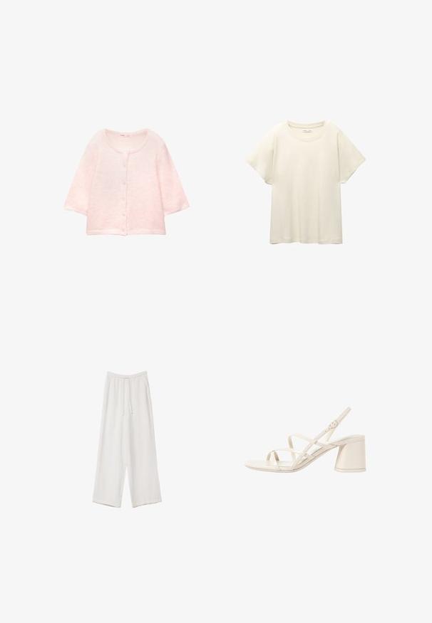 Růžový kardigan s krátkým rukávem z měkké, nadýchané tkaniny. Kulatý výstřih, zapínání na knoflíky vpředu a žebrovaný lem.; Svetle béžové tričko s krátkým rukávem a kulatým výstřihem, vyrobené z jemné, hladké tkaniny. Má uvolněný střih a rovný lem.; Bílé široké kalhoty vyrobené z lehké tkaniny. Mají elastický pas se šňůrkou a boční kapsy. Hladká textura.; Béžové sandály na podpatku s tenkými překříženými pásky, otevřenou špičkou a čtvercovým blokovým podpatkem. Hladký lakovaný povrch, nastavitelný pásek kolem kotníku.