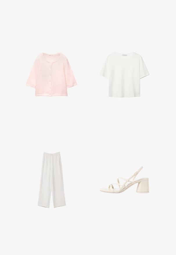 Roza kratka jopica s kratkimi rokavi, narejena iz mehkega, puhastega materiala. Okrogla ovratnica, z gumbom spredaj in rebrastim robom.; Bela kratka majica s kratkimi rokavi iz bombaža. Ima okroglo izrezovanje in sproščen kroj. Gladka tekstura brez vidnih vzorcev ali poudarkov.; Bele široke hlače iz lahkega materiala. Imajo elastičen pas s vrvico in stranske žepe. Gladka tekstura.; Bežne vezane sandale s peto v bež barvi, zaobljenim odprtim prstom in srednjo blok peto. Imajo prilagodljivo zaponko za gleženj in gladko, sijočo površino.