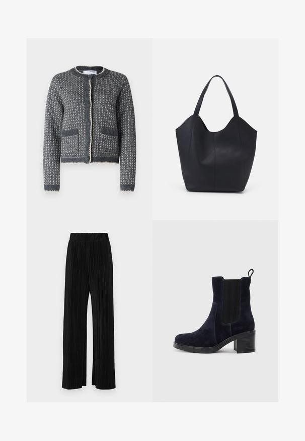 Pelēks adīts kardigans ar strukturētu rakstu, apaļu dekoltē, pogu aizdari un divām priekšējām kabatām. Malās ir kontrastējoša krēma krāsas apdare.; Balts bez piedurknēm tops ar apaļu kakla izgriezumu. Izgatavots no gludas auduma, tam ir brīvs piegriezums un minimālistisks dizains. Nav nekādas rakstainības vai akcentu.; Melni plīšu bikses ar elastīgu jostu. Tām ir platākas kājas un gluda, teksturēta auduma ar vertikālām svītrām.; Jūras zilas zamšādas potītes zābaki ar elastīgu sānu paneļu, noapaļotu purngalu un bloku papēdi. Tekstūrizēta auduma un gludas zoles salīdzinājums.; Melnas rokassomas, kas izgatavota no gludas ādas, ar izliekto atvērto augšu, divām plecu jostām un minimālistisku dizainu.