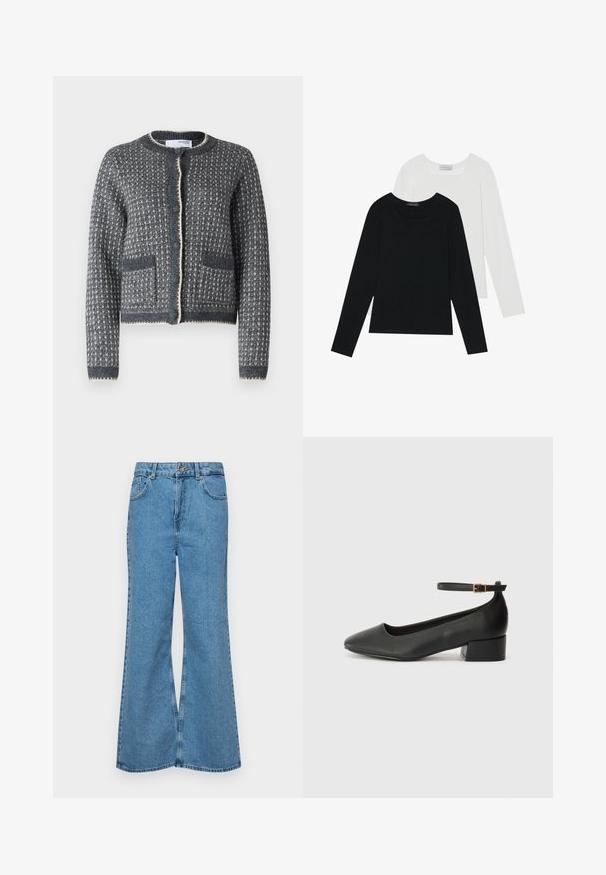 Šedý pletený kardigan s texturovaným vzorem, kulatým výstřihem, zapínáním na knoflíky a dvěma předními kapsami. Okraje mají kontrastní krémový lem.; Dvě dlouhé rukávy, jedna černá a jedna bílá, obě s čtvercovým výstřihem a vyrobené z měkké a elastické látky.; Světle modré rozšířené džíny z denimu, se zvýšeným pasem, pěti kapsami a jedním knoflíkem na zapínání. Měkký povrch s vybledlým vzhledem.; Černé kožené lodičky s špičatou špičkou a nízkým blokovým podpatkem. Obsahují pásek kolem kotníku se zlatou sponou. Hladký povrch.