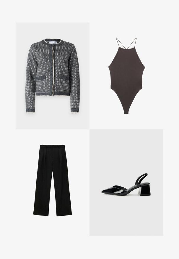 Šedý pletený cardigan s textúrovaným vzorom, okrúhlym výstrihom, zapínaním na gombíky a dvoma prednými vreckami. Okraje sú zdobené kontrastným krémovým lemom.; Hnedé, vysoký krk jednodielne plavky s tenkými, nastaviteľnými ramienkami; s vysokým strihom na nohách a hladkým povrchom. Bez vzorov alebo ozdôb.; Čierne široké nohavice s skladmi, s hladkou textúrou a vysokým pásom. Minimalistický štýl, žiadne viditeľné kovania ani ozdoby.; Čierne lakované kožené sandálové podpätky s špicatou špičkou a geometrickým blokovým podpätkom. Disponujú elegantným, minimalistickým dizajnom a hladkým povrchom.