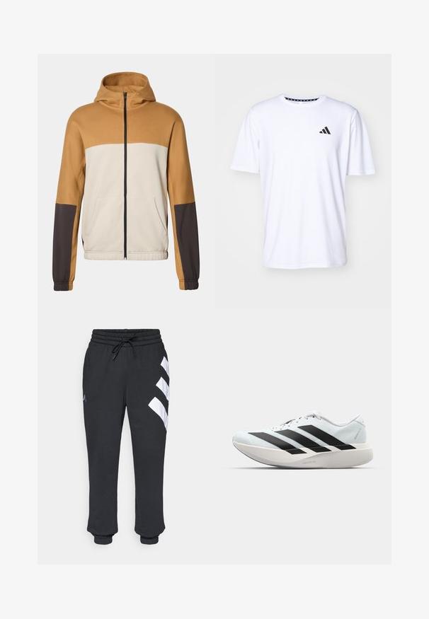 Sudadera con capucha que presenta un diseño a bloques de color en beis claro, marrón y marrón oscuro. Con cremallera frontal, dos bolsillos laterales y puños elásticos.; Camiseta blanca de manga corta fabricada con una tela de textura suave. Presenta un logo negro de adidas en el lado izquierdo del pecho y un cuello con un patrón.; Pantalones de chándal negros con cintura elástica, cordón ajustable y rayas diagonales blancas en la pierna izquierda, con puños en los tobillos.; Zapatillas de running ligeras en azul pálido con rayas negras. Presentan una parte superior suave, puntera redonda y una gruesa mediasuela blanca etiquetada como "LIGHTSTRIKE PRO".