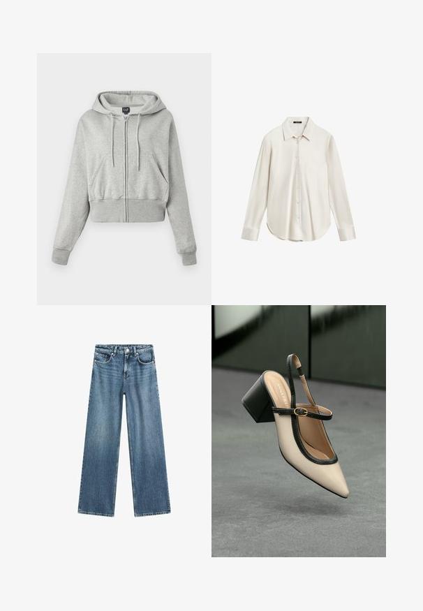Geknipte grijze hoodie van zacht materiaal, met een ritssluiting aan de voorkant, een capuchon met trekkoord en twee voorzakken met geribbelde manchetten.; Witte longsleeve shirt gemaakt van een gladde stof, met een klassieke kraag, knoopsluiting aan de voorkant en een gebogen zoom. Eenvoudig ontwerp zonder patronen.; Lichtblauwe denim wijdversneden jeans met een hoge taille, een vijf-pocket ontwerp en een knoopsluiting. De stof heeft een licht vervaagde textuur.; Beige puntige slingback schoen met zwarte rand, gouden gesp en een chunky blokhak op een grijze vloer met een donker groene achtergrond.
