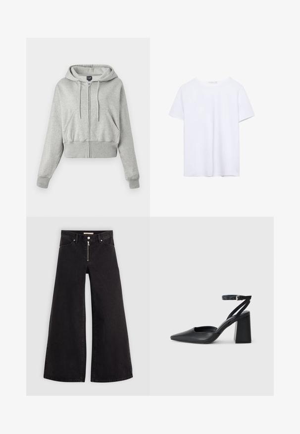 Skrajšani sivi hoodie iz mehke tkanine, ki ima sprednji zadrgo, kapuco s vrvico in dva sprednja žepa z rebrastimi manšetami.; Čista bela majica s kratkimi rokavi in okroglim ovratnikom, z ravnim robom, prikazana na beli podlagi.; Široke traperice iz črnega denima z zadrgo spredaj, petimi žepi in diskretnimi šivi. Gladka tekstura in ležeren slog.; Črne usnjene klasične čevlje z ostrim nosom, z zaponko za gleženj in debelim peto. Ravna tekstura, eleganten dizajn in minimalistična estetika.