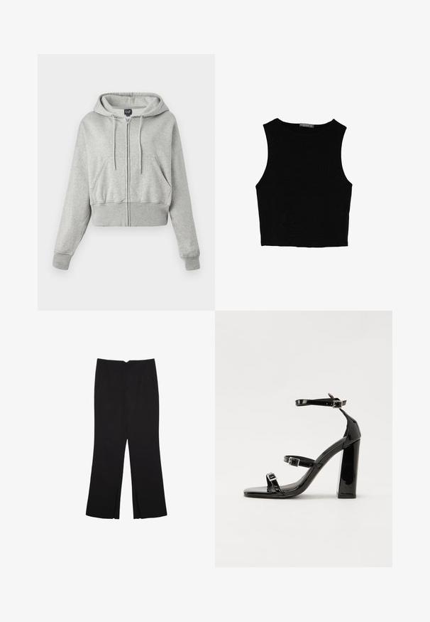 Skrajšani sivi hoodie iz mehke tkanine, ki ima sprednji zadrgo, kapuco s vrvico in dva sprednja žepa z rebrastimi manšetami.; Črn brez rokavov crop top, izdelan iz gladkega materiala, z okroglim izrezom in čistim, preprostim dizajnom brez vzorcev ali dodatkov.; Črne hlače ravnega kroja z naglavnimi žepi in stranskimi razporki na robu. Narejene iz mehke, gladke tkanine. Primerne za različne priložnosti.; Črne lakirane sandale s peto, kvadratnim prstom, trakovi okrog gležnja in srebrnimi zaponkami. Opremljene so s stabilno Debelo peto.