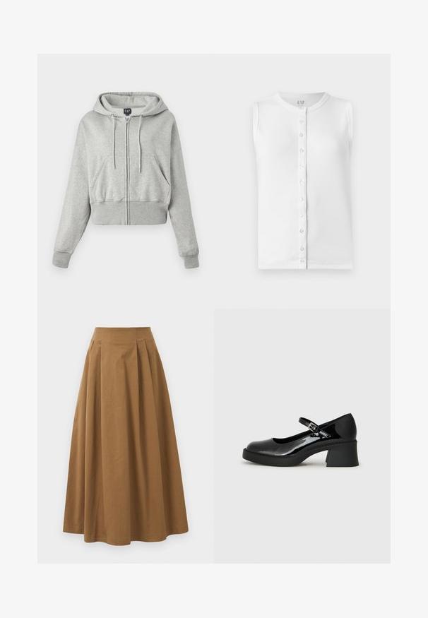Skraćena siva dukserica od mekanog materijala, sa prednjim zatvaračem, kapuljačom koja se podešava, i dva prednja džepa sa rebrastim manžetama.; Bijela bezrukavna majica od rebraste tkanine, s okruglim izrezom i prednjim dijelom s dugmadi od prozirne plastike.; Smeđa pamučna suknja A kroja s visokim strukom, koja ima nabore sprijeda i glatku teksturu. Završetci donjeg ruba su čisti i jednostavni.; Crne lakirane Mary Jane cipele s okruglim vrhom, podesivim remenom i debelim kvadratnim potplatom. Imaju teksturiranu đon.