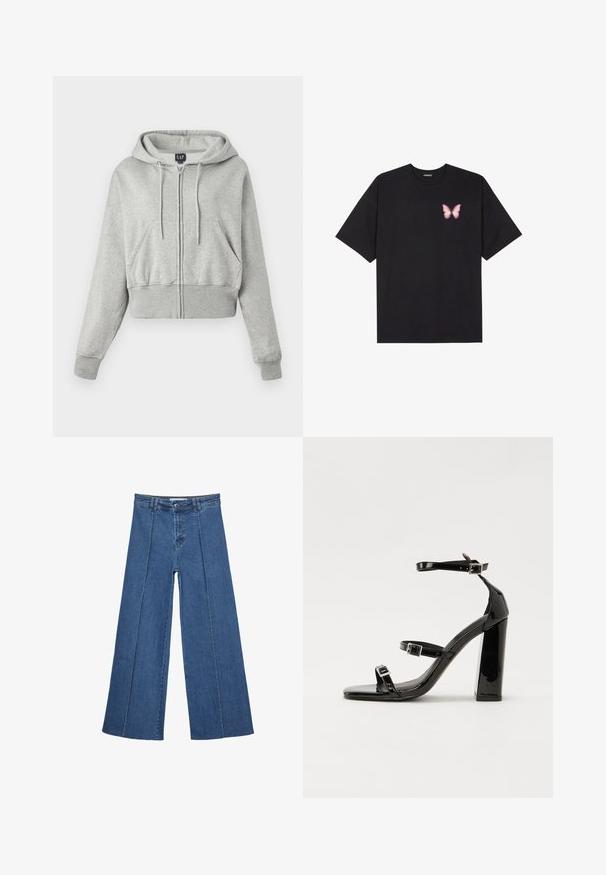 Felpa grigia corta realizzata in tessuto morbido, con zip frontale, cappuccio regolabile con cordino e due tasche frontali con polsini a coste.; T-shirt nera in cotone con maniche corte, caratterizzata da una piccola grafica di una farfalla rosa sul lato sinistro del petto. Design a girocollo con una vestibilità rilassata.; Jeans in denim a gamba larga di blu medio, con vita alta, chiusura con bottone e dettagli delle cuciture verticali a contrasto lungo la parte anteriore.; Sandali con tacco in vernice nera, con punta squadrata, cinturini alla caviglia e fibbie in argento. Presentano un tacco a blocco spesso per maggiore stabilità.