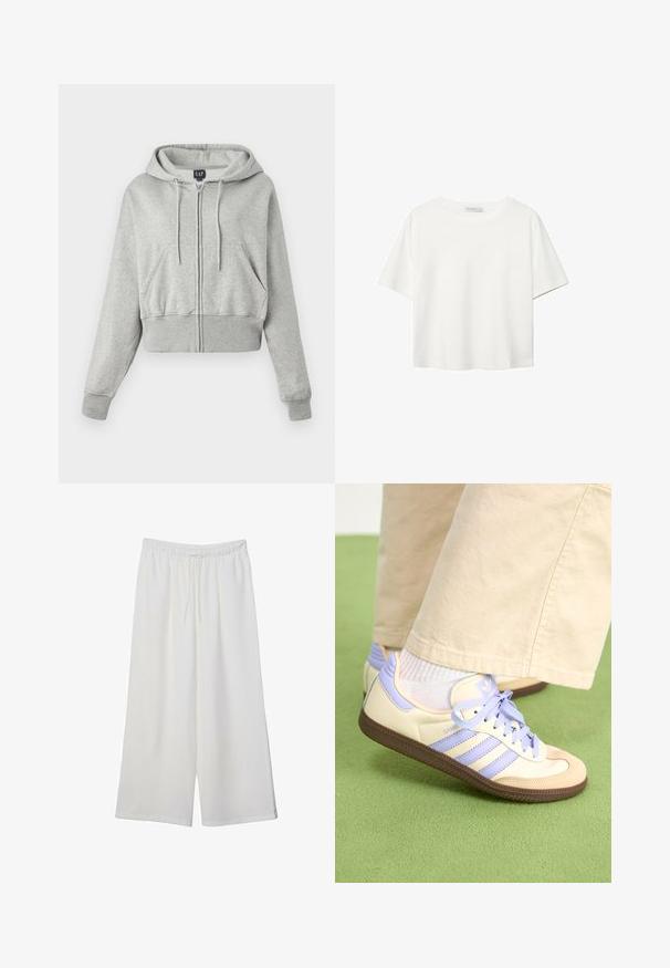 Oříznutá šedá mikina s kapucí vyrobená z měkké tkaniny, s předním zipem, kapucí se šňůrkou a dvěma předními kapsami s žebrovanými manžetami.; Bílý krátký rukáv tričko vyrobené z bavlny. Má kulatý výstřih a volný střih. Hladký materiál bez viditelných vzorů nebo akcentů.; Bílé kalhoty s širokými nohavicemi vyrobené z lehké tkaniny, s elastickým pasem a stahovací šňůrkou pro nastavitelnou velikost. Hladká textura.; Krémové a levandulové tenisky se třemi pruhy a texturovanou hnědou podrážkou, vybavené tkaničkami a polstrovanou patou. Měkký textilní svršek.