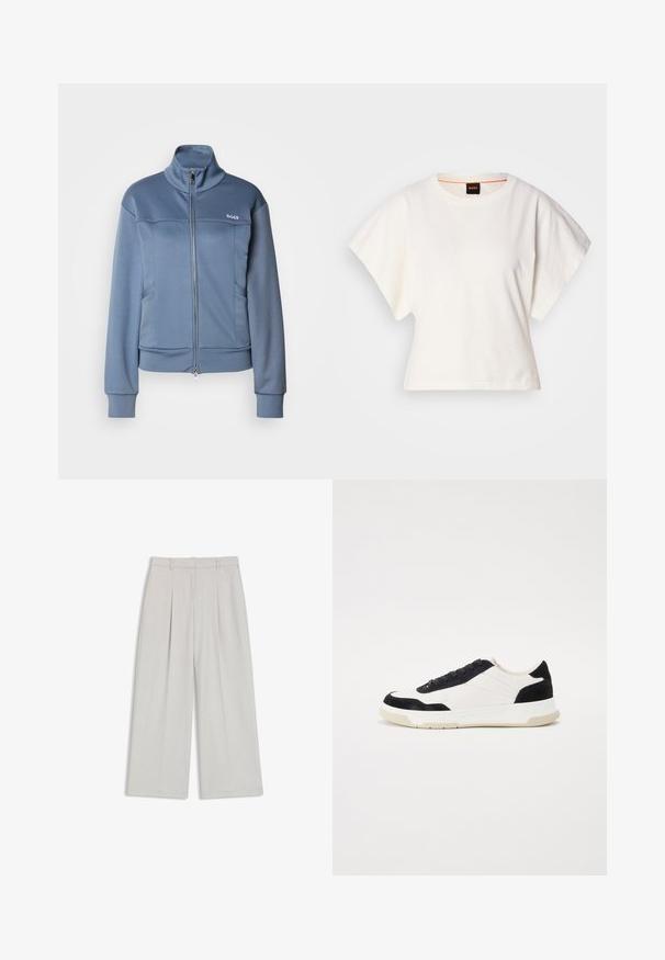 Blå zip-up jakke lavet af et blødt, glat stof. Har en høj krave, sidelommer og "BOSS" logoet i hvidt på brystet.; Hvid cropped T-shirt, korte brede ærmer, blødt bomuldsstof, rund halsudskæring med diskret orange kant, minimalistisk design uden mønstre eller grafik.; Lysgrå vide bukser med forkortede læg, skræddersyet talje og ren kant. Fremstillet af et glat, let stof.; Sneakers med en overdel i hvid læder, sorte ruskind detaljer og en struktureret gummisål. Har snørebåndsdesign og syede detaljer.