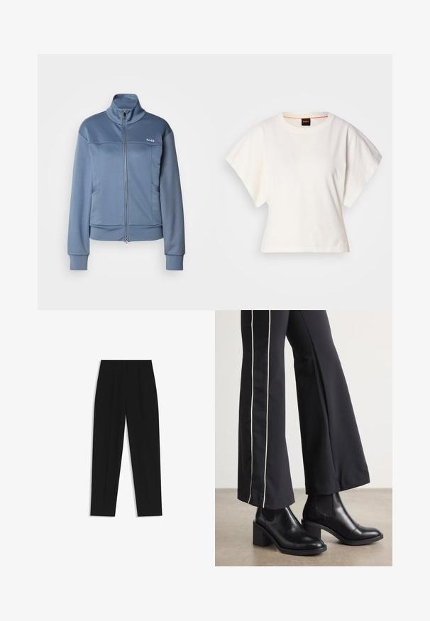 Blue zip-up jacket made of a soft, smooth fabric. Features a high collar, side pockets, and the "BOSS" logo in white on the chest.; White cropped T-shirt, short wide sleeves, soft cotton material, round neckline with subtle orange trim, minimal design, no patterns or graphics.; Black trousers with a straight fit, featuring double pleats, a smooth texture, and a classic waistband design. No visible hardware or accents.; Black leather ankle boots with a block heel, featuring elastic side panels. Paired with black pants that have a white side stripe.