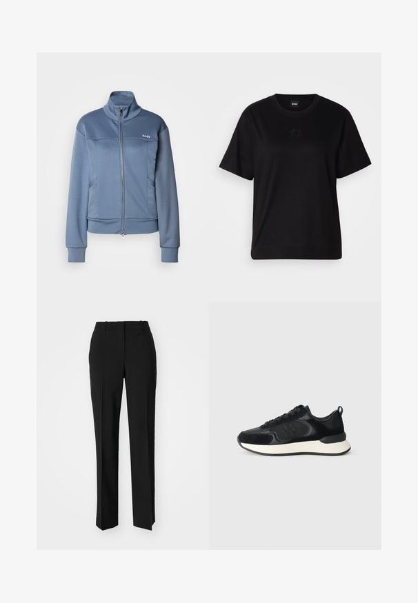 Kék, cipzáros dzseki puha, sima anyagból. Magas gallérral, oldalzsebekkel rendelkezik, és a mellkason fehér "BOSS" logó található.; Fekete pamut póló kerek nyakkivágással, rövid ujjakkal és hímzett logóval a mellkasán. Egyszerű, laza szabás, minta nélkül.; Fekete, testhezálló nadrág egyenes szárú kivitelben, sima textúrával és éles redőkkel az elején. Nincs látható fémalkatrész.; Fekete sportcipő sima bőr felsőrésszel, velúr részletekkel, kerek orrral és kontrasztos fehér középtalppal. Fűzős záródás és logó részlet található rajta.