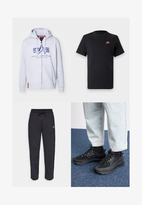 Sweatshirt cinza claro com fecho éclair e capuz ajustável, apresentando um logótipo em camuflagem azul no peito e dois bolsos frontais. Tecido texturado.; T-shirt de algodão preto com decote redondo e mangas curtas. Apresenta um logótipo da Nike rosa no lado superior esquerdo. Textura suave.; Calças de treino pretas feitas de tecido suave, com faixa elástica na cintura, cordão regulador e um pequeno logótipo da Nike na coxa esquerda.; Sapatilhas desportivas pretas com tecido texturizado e solas em borracha, apresentando atacadores elásticos e um detalhe azul no calcanhar. Usadas com calças de ganga claras.