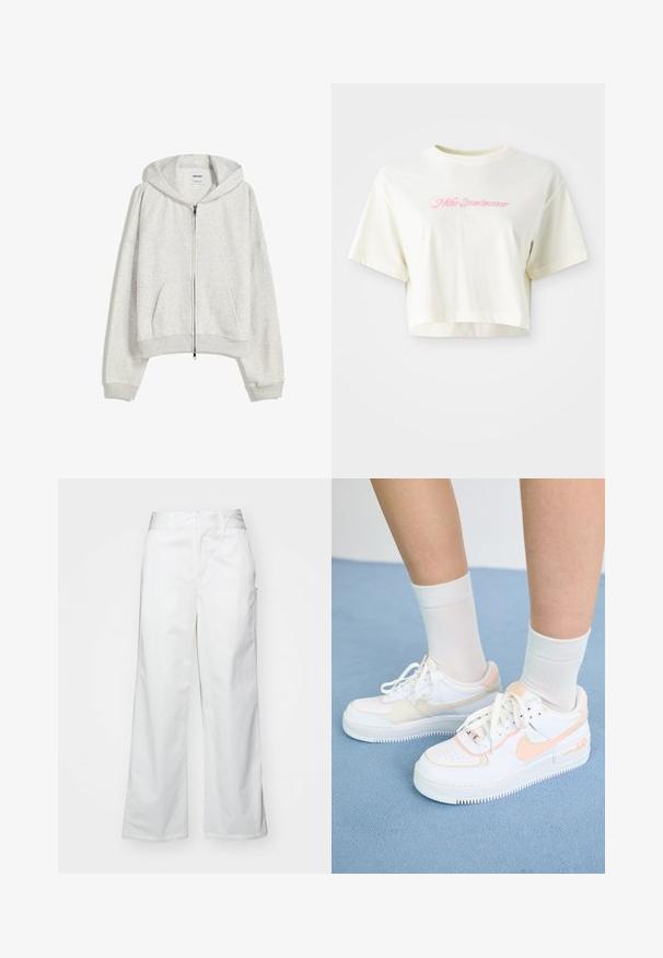 Svetlosivá skrátená mikina so zipsom vyrobená z mäkkej látky; má veľkú kapucňu a rebrované manžety a spodný lem; obsahuje bočné vrecká.; Krátky, smotanový tričko vyrobené z bavlny. Obsahuje ružový vyšívaný logotyp s nápisom "Nike Sportwear." Krátke rukávy a okrúhly výstrih.; Biele široké nohavice vyrobené z bavlny, s hladkým povrchom, rovnou siluetou, prednými vreckami a čistým lemom.; Biele tenisky s broskyňovými akcentmi, hladký kožený zvršok, perforovaný špička, textúrovaná podošva a šnúrky. Nosia sa s bielymi členkovými ponožkami na modrom povrchu.