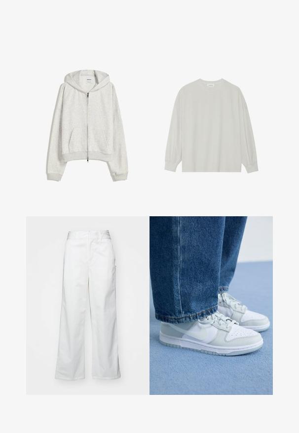 Világosszürke, rövidített kapucnis pulóver, puha anyagból készült; elülső cipzárral, nagy kapucnival, bordázott mandzsettákkal és heméllyel rendelkezik; oldalzsebeket tartalmaz.; Világosszürke, hosszú ujjú póló, puha pamutból készült. Szabad, laza szabású, kerek nyakkivágással és finoman ráncolt mandzsettával rendelkezik. Nincs rajta minta vagy grafikák.; Fehér, bő szárú nadrág, pamutból készült, sima textúrával, egyenes szabással, elülső zsebekkel és tiszta szegéllyel.; Fehér és világosszürke bőrből készült Nike sportcipő lyukacsos orral, lapos fűzőkkel és gumitalppal, kék farmernadrággal párosítva.
