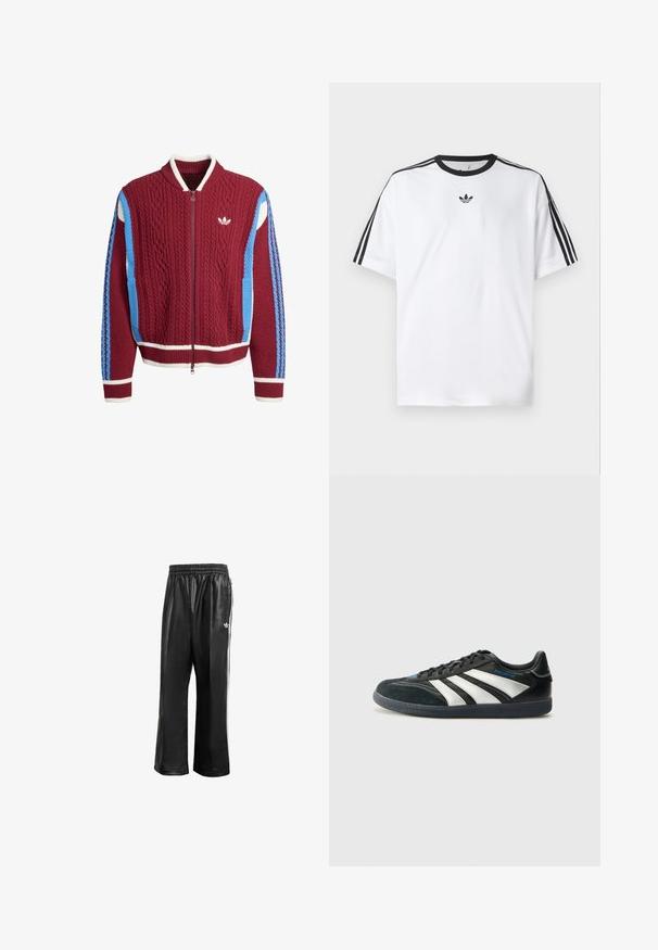 Bordowy sweter z zamkiem błyskawicznym, z białym kołnierzykiem i paskami u dołu, niebieskimi i białymi akcentami po bokach oraz na rękawach, oraz małym białym logo Adidas z przodu.; Biała koszulka z bawełny, z czarnym okrągłym dekoltem i trzema czarnymi paskami na każdym ramieniu. Małe czarne logo na klatce piersiowej.; Czarne syntetyczne spodnie dresowe z elastycznym pasem, z białymi paskami po bokach i małym białym logo na lewym biodrze.; adidas Performance JUDE BELLINGHAM PREDATOR FREESTYLE czarny