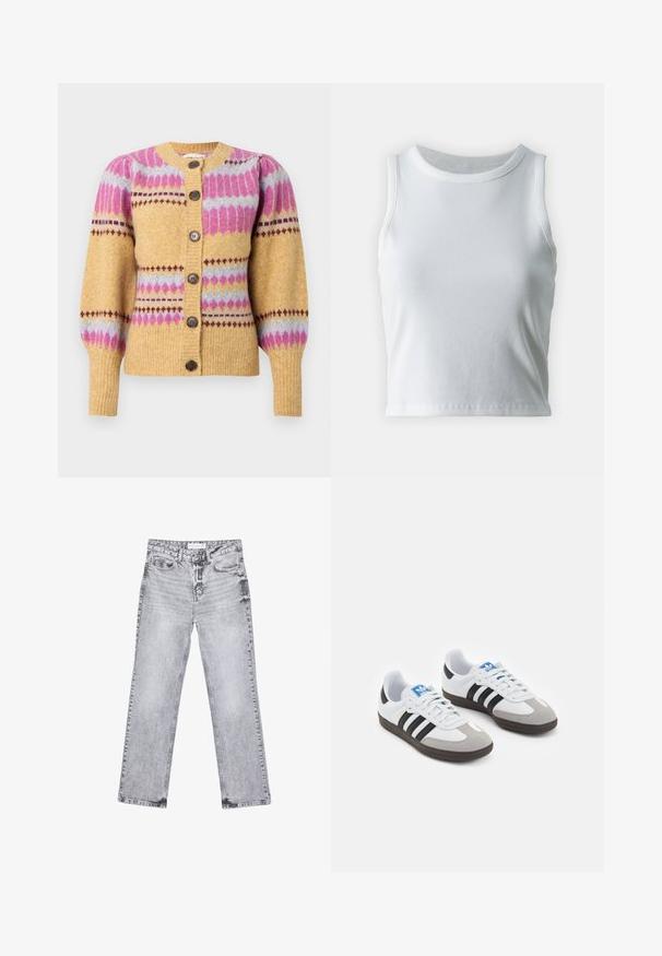 Gul stickad cardigan med rosa och lavendelfärgade geometriska mönster, knappar framtill och puffade ärmar. Innehåller bruna knappar och ribbade muddar.; Vit ribbad linne med rund halsringning och ärmlös design, med en rak nederkant och en smidig, elastisk textur.; Grå denimjeans med rak benpassform, slitna detaljer, fem fickor och kopparnitar. Midjan har en logotagg.; Sportskor med överdel i vit läder, grå mocka på tårna och tre svarta ränder. Har en blå logotyp på tungan och en texturerad gummisula.
