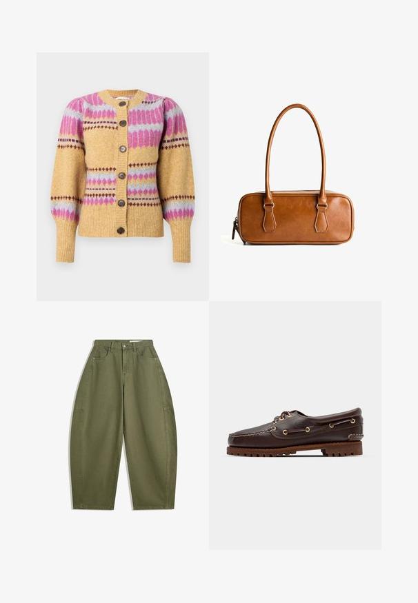 Yellow knit cardigan with pink and lavender geometric patterns, button front, and puffed sleeves. Features brown buttons and ribbed cuffs.; Long-sleeve crew neck shirt in cream with horizontal maroon stripes, featuring a relaxed fit and soft, smooth fabric texture.; Olive green wide-leg pants made of cotton, featuring a high waist, front pockets, and a smooth texture. No embellishments or patterns.; Brown leather boat shoe with gold eyelets, round laces, and a textured brown rubber sole. Features stitched detailing and a raised logo.; Brown leather handbag with two long handles, rectangular shape, smooth texture, zip closure, and silver-tone hardware accents.