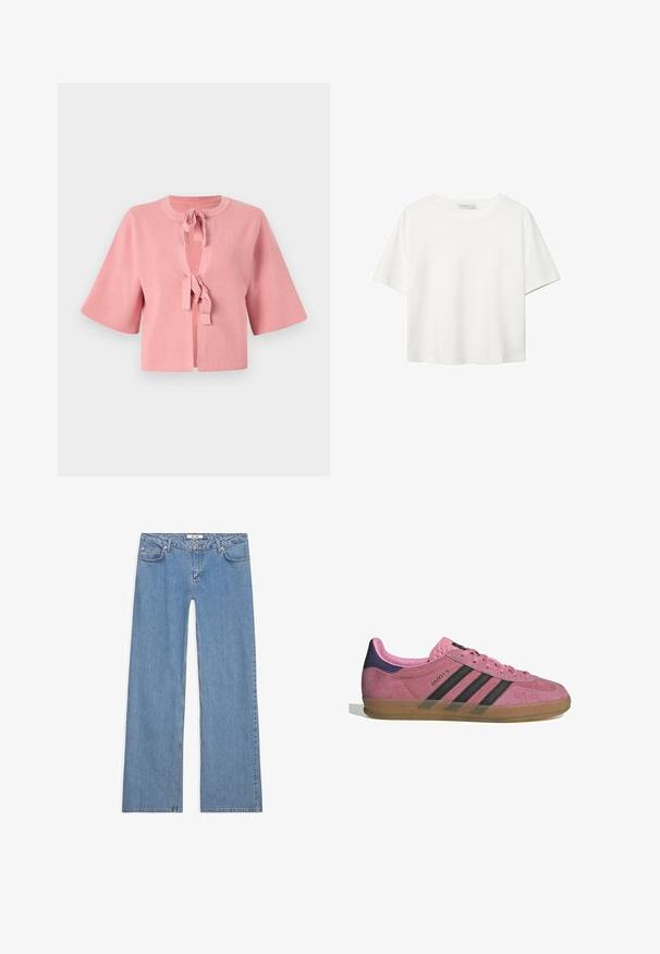 Lyhyt vaaleanpunainen ribbitakki, jossa on pyöreä kaulus, suuret kellohihat ja etutasku, joka kiinnitetään nauhalla. Teksturoitu kangas, jossa on sileä pinta.; Valkoinen lyhythihainen T-paita, joka on tehty puuvillasta. Siinä on pyöreä kaula-aukko ja rento malli. Silkkinen pinta ilman näkyviä kuvioita tai koristeita.; Vaaleansiniset väljät farkut, jotka on valmistettu denimistä. Niissä on viisi taskua, nappisulku sekä ommeltu yksityiskohtia saumoissa ja helmassa.; Vaaleanpunaiset mokkanahkakengät mustilla raidoilla, kumipohjalla ja teksturoidulla purppurakorkealla. Varustettu nauhakiinnityksellä ja kohokuvioidulla brändäyksellä sivussa.