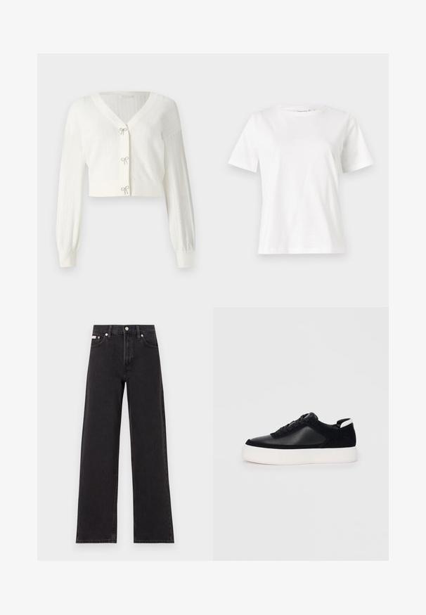 Cardigan alb scurt, realizat dintr-un tricot texturat, cu mâneci lungi tip puff și fundițe decorative la închizătorile din față.; Tricou alb din bumbac cu mâneci scurte, guler rotund și o croială relaxată. Textură netedă, fără imprimeuri sau accente, design minimalist.; Jeanși negri cu picioare largi, fabricați din denim, cu talie înaltă, stil cu cinci buzunare și închidere cu nasture metalic, cu cusături contrastante.; Sneaker negru cu piele netedă și panouri din întăritură, șireturi plate, vârf rotund și talpă din cauciuc alb. Logo distinct pe călcâi.