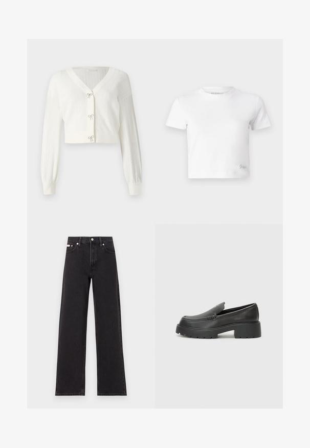Cárdigan corto blanco hecho de punto texturizado, con largas mangas abullonadas y lazos decorativos en los cierres frontales.; Camiseta blanca corta hecha de algodón suave, con un cuello alto y mangas cortas. Pequeño logo bordado en la esquina inferior.; Jeans anchos de mezclilla negros, con cintura alta, cinco bolsillos y cierre de botón metálico con costuras contrastantes.; Mocasines de piel negra con punta redondeada, suela texturizada gruesa y mínimos detalles de costura. Diseño elegante sin cordones o herrajes visibles.