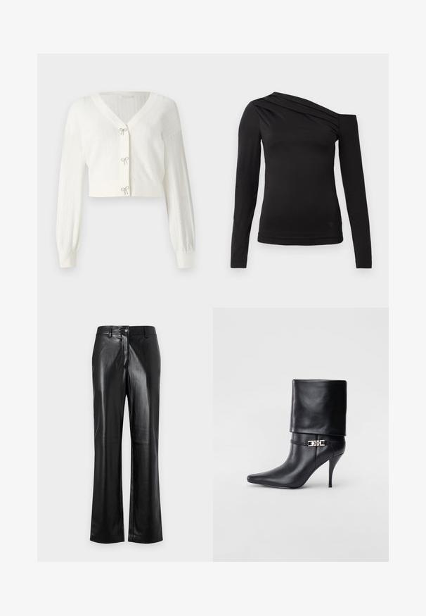 Biely skrátený kardigán z textúrovanej pleteniny, s dlhými puff rukávmi a dekoratívnymi mašľami na predných zapínaniach.; Čierny dlhý rukáv top s asymetrickým výstrihom, ktorý odhaľuje jedno rameno a má jemné drape po hrudi.; Čierne kožené nohavice so strihom rovného nohu, ktoré majú predné zapínanie na gombík, pútka na opasok a hladkú, lesklú textúru.; Čierna kožená členková topánka s špicatou špičkou, vysokým ihlovým podpätkom, prehnutým manžetom a zlatým dekoratívnym sponou na členku.