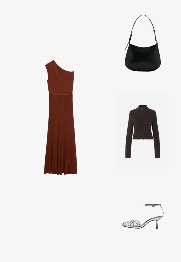 Bruine, korte zip-up trui gemaakt van pluizig materiaal, met een hoge kraag en lange mouwen met een gladde ritssluiting.; Asymmetrische bruine ribbedress met ontwerp voor één schouder; aansluitende bodice die uitloopt in een brede rok. Glad textuur over de gehele lengte.; Zilveren, strapless sandaal met een lage hak, voorzien van meerdere kruislings straps, een enkelbandje met een gesp en een gladde, glanzende textuur.; Zwarte leren schoudertas met een gladde textuur, gebogen vorm en verstelbare hengel. Heeft minimale stiksels en een eenvoudig ontwerp.