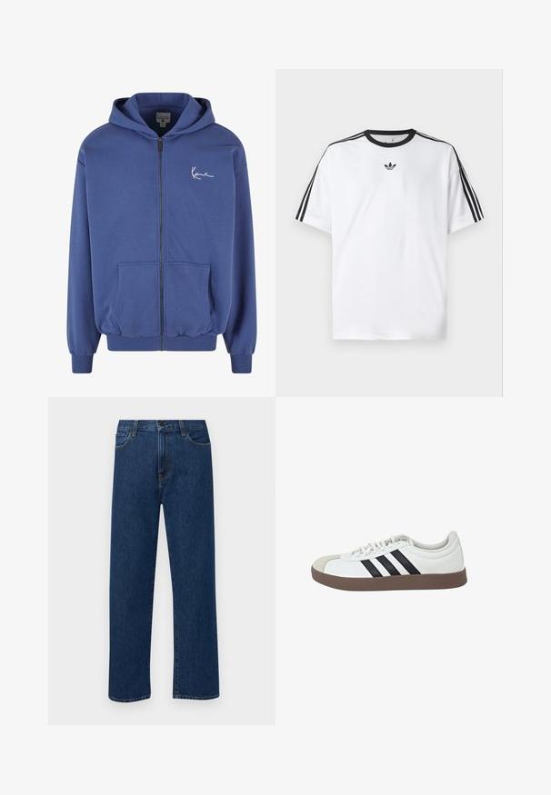 Felpa con zip blu realizzata in tessuto morbido, dotata di tasche frontali, polsini a costine e vita elastica. Presenta un piccolo logo bianco sul petto.; Maglietta bianca in cotone, con scollatura rotonda nera e tre strisce nere su ciascuna spalla. Piccolo logo nero sul petto.; Jeans in denim di un blu scuro a gamba dritta con tasche anteriori e chiusura con bottone, esposti su uno sfondo bianco semplice.; Sneaker bianco con punta in suede grigia, design a tre strisce nere e suola in gomma marrone. Presenta chiusura con lacci e colletto imbottito.