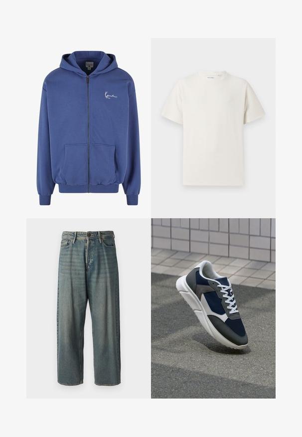 Plavi dukserica s patentnim zatvaračem izrađena od mekanog materijala, s prednjim džepovima, rebrastim rukavima i elastičnom gumicom u struku. Ima mali bijeli logotip na prsima.; Bijela kratka majica s kratkim rukavima u rebrastoj teksturi. Okrugli izrez, ležeran kroj, bez vidljivih uzoraka ili akcenta. Jednostavan i svestran dizajn.; Svijetloplave traperice s širokim krojem, srednjim pojasom i ravnim nogavicama. Ima pet džepova, petlje za remen i kopčanje na gumb.; Tenisice s gornjim dijelom od mrežastog materijala tamnoplave boje, siva antilopova naglašavanja, bijela gumena potplat i ravne bijele vezice, dizajnirane za udobnost i prozračnost.