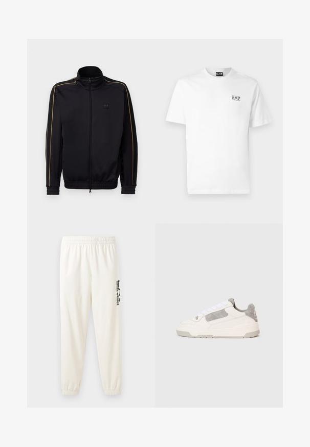 Melna rāvējslēdzēja treniņjaketē ar zelta ieliktņiem uz piedurknēm un pleciem, elastīgām aprocēm un apakšmalu, kā arī mazu EA7 logo uz krūtīm.; Balta kokvilnas T-kreklā ar apaļu kakla izgriezumu, īsām piedurknēm un melnu EA7 logo kreisajā krūtī. Gluda, vienkārša tekstūra.; Gai bēšas sporta bikses ar elastīgu jostu un elastīgām aprocēm. Kreisajā kājā ir melns iegravēts logo. Mīksta auduma tekstūra.; Balti un gaiši pelēki zemas tenisa kurpes ar baltām auklām un zamša akcentiem, attēlotas no sāna uz vienkārša gaiša fona.