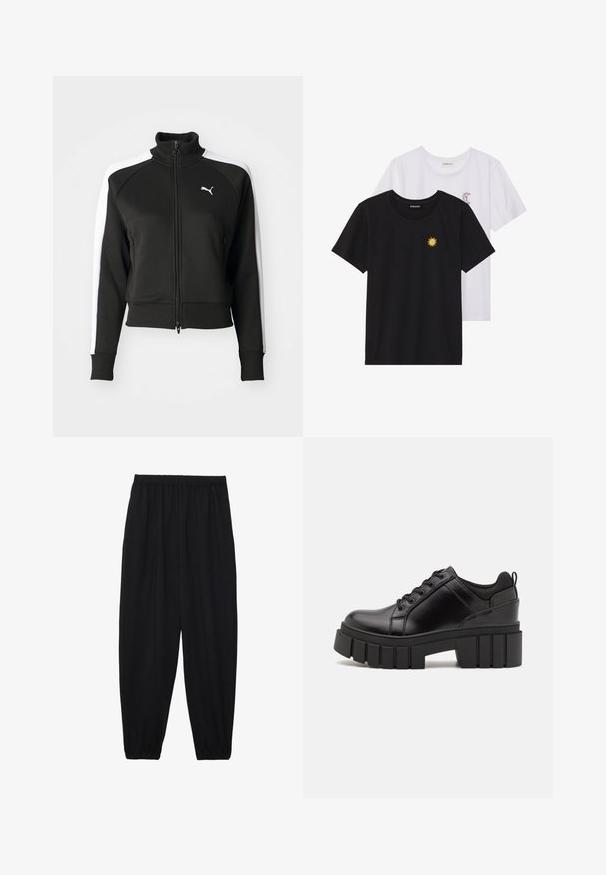 Melna džaka ar rāvējslēdzēju un augstu apkakli, kurai ir baltas sānu paneļu akcents un neliels balts logo uz krūšu. Ribināti piedurknes un apakšdaļa.; Melnbaltie t-krekli, ar apaļu kaklu, īsām piedurknēm. Melnais krekls ar dzeltenu saules izšuvumu; baltais ar purpursarkanu mēness akcentu.; Melnas, vieglas bikses ar elastīgu jostu un savilktiem potītiem. Audums ir gluds un to raksturo brīva, sašaurināta forma.; Melnas ādas platformas kurpes ar masīvu bloku papēdi, apaļu purngalu un tradicionālu saistīšanas dizainu. Izceļas ar gludu tekstūru un minimālu apdari.