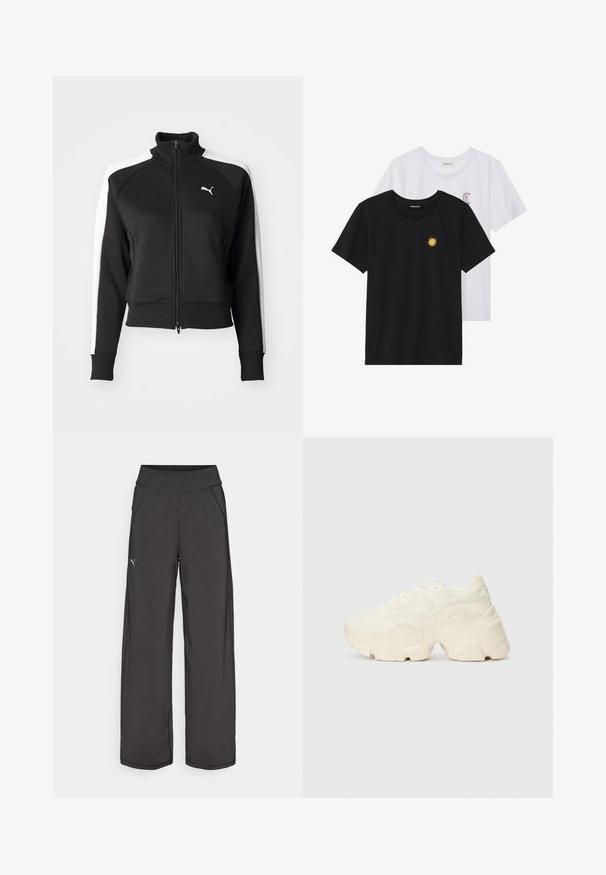 Svart zip-up jakke med høy krage, med hvite sidepaneler og en liten hvit logo på brystet. Ribbestrikkede mansjetter og nederkant.; Svarte og hvite T-skjorter, rund hals, korte ermer. Den svarte T-skjorten har gul brodering av en sol; den hvite har lilla halvmåne-detaljer.; Svarte joggebukser med bred linning, sidelommer og flate sømmer. Har en liten logo på venstre ben. Laget av glatt, elastisk stoff.; Chunky hvite sneakers laget av teksturert mesh og syntetiske materialer, med en tykk såle og intrikate mønsterdetaljer langs sidene.