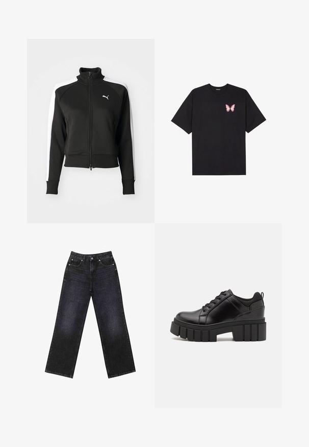 Mustapaitainen vetoketjullinen takki, jossa on korkea kaulus, valkoiset sivupaneelit ja pieni valkoinen logo rinnassa. Kuminauhakaitaleet hihoissa ja helmassa.; Musta puuvillapaita lyhyillä hihoilla, jossa on pieni vaaleanpunainen perhosgrafiikka vasemmassa rinnassa. Pyöreä kaula-aukko ja rento istuvuus.; Korkeavyötäröiset mustat farkut, joissa on leveä lahje, viisi taskua ja näkyvät tikkaukset. Kangas on sileä, hieman teksturoitu pinnaltaan.; Mustat nahkakengät, joissa on lättihenkinen korko, pyöreä kärki ja perinteinen nauhakiinnitys. Ominaisuuksiin kuuluu sileä pintakuvio ja minimaalinen yksityiskohtaisuus.