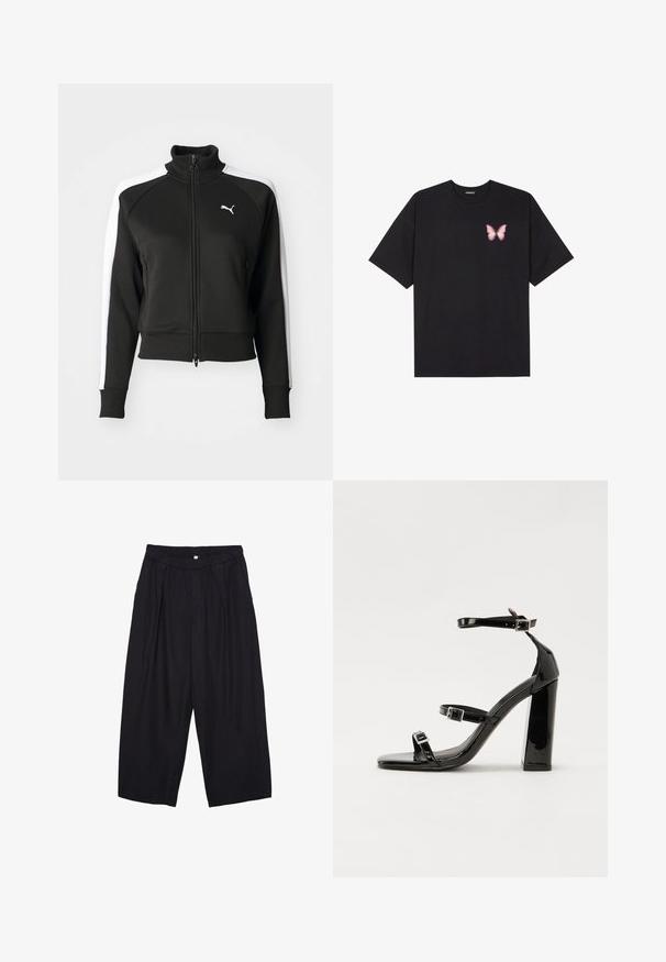 Veste zippée noire avec col haut, présentant des accents de panneaux latéraux blancs et un petit logo blanc sur la poitrine. Poignets et ourlet côtelés.; T-shirt en coton noir à manches courtes, avec un petit graphique de papillon rose sur la poitrine gauche. Modèle à col rond avec une coupe décontractée.; Pantalon culotte noir en polyester avec une taille élastique, deux plis avant et une silhouette ample. Pas de motifs visibles ni de détails matériels.; Sandales à talons vernies noires avec un bout carré, des sangles autour de la cheville et des boucles en argent. Dotées d'un talon bloc épais pour plus de stabilité.