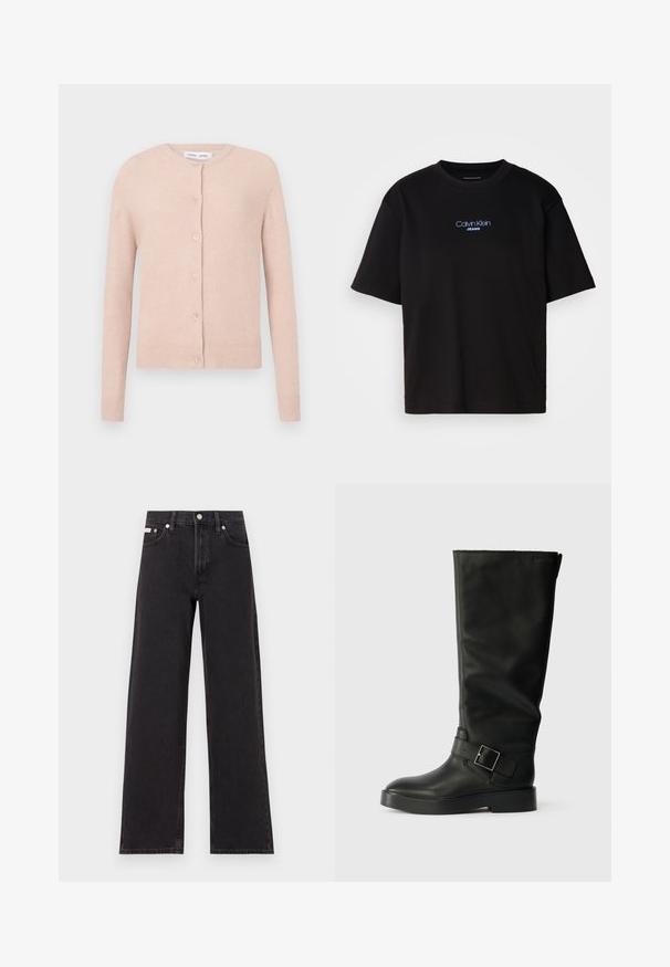 Světle růžový kardigan vyrobený z jemného materiálu, s kulatým výstřihem, pěti knoflíky vpředu a žebrovanými manžetami a lemem.; Černé bavlněné tričko s kulatým výstřihem a krátkými rukávy, s modrou vyšitou nášivkou "Calvin Klein JEANS" na přední straně.; Černé široké jeansy vyrobené z denimu, s vysokým pasem, pěti kapsami a kovovým zapínáním s kontrastním prošíváním.; Černé kozačky do výšky kolen vyrobené z hladké kůže, s kulatou špičkou, silnou podešev a vodorovným popruhem se čtvercovou sponou.