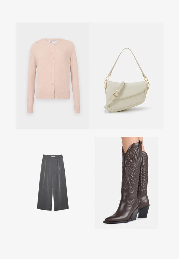 Svijetloružičasti kardigan od mekanog materijala s okruglim izrezom, pet dugmadi sprijeda i rebrastim manžetama i rubom.; Bijela majica bez rukava napravljena od rebraste tkanine, s okruglim izrezom i uklapajućim siluetom, s minimalnim šavovima i bez ukrasa.; Dugi hlače širokog kroja s plitkim naborima u tamnosivoj tkanini s suptilnom teksturom. Sadrže zatvaranje na gumba i klasičan dizajn struka.; Smeđe kožne kauboj čizme s šiljastim vrhom i blok-potpeticom, s detaljno izvezenim šavovima i uzdignutim naglascima na okovu.; Mala krem torbica s teksturiranim finišom, dugačkim podesivim remenom, lančanim detaljem i preklopom. Zlaćani hardver.
