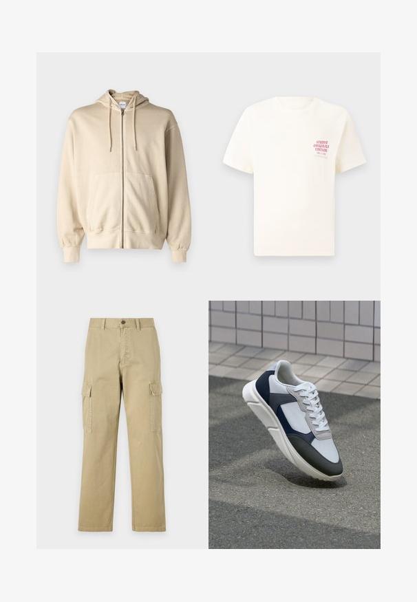 Jack & Jones JJECHARGE OVERSIZE FADED ZIP HOODIE - Jaka ar rāvējslēdzēju - humus; Balts īsām piedurknēm T-krekls ar sarkanu tekstu "Studio Originals Edition" uz kreisā krūšu, pakārtots neitrālā pelēkā fonā.; Beige kravas bikses no kokvilnas, kas aprīkotas ar divām sānu kabatām, pogu aizdari un taisnām kājām ar nedaudz teksturētu audumu.; Balti, tumši zili un pelēki sporta apavi ar jauktu materiālu dizainu, kuram ir teksturēts augšdaļa, plakani šņores un mīkstināta zole.