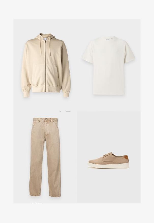 Jack & Jones JJECHARGE OVERSIZE FADED ZIP HOODIE - Športna jopa s kapuco na zadrgo - humus; Bela majica s kratkimi rokavi iz rebraste tkanine. Okrogli izrez, sproščen kroj, brez vidnih vzorcev ali naglasov. Preprosta in vsestranska zasnova.; Beige jeans iz džinsa s ravnim nogavicama, ki imajo sprednje žepe, kovinsko zapiranje in subtilno teksturo.; Bež tkanine usnjene superge z zaobljenim nosom, vezalkami na sprednji strani in teksturiranim zadnjim detajlom. Belo gumijasto podplato zagotavlja kontrast. Enostaven in sodoben dizajn.