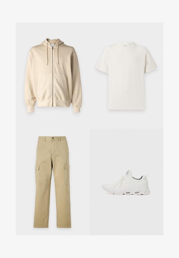 Jack & Jones JJECHARGE OVERSIZE FADED ZIP HOODIE - Felpa con zip - humus; T-shirt bianca a maniche corte in texture a coste. Girocollo, vestibilità rilassata, senza modelli o accenti visibili. Design semplice e versatile.; Pantaloni cargo beige in cotone, dotati di due tasche laterali, chiusura con bottone e gamba dritta con tessuto leggermente texture.; Scarpe atletiche bianche con tomaia in maglia testurizzata, lacci piatti e una suola ammortizzata con camere d'aria visibili per un supporto aggiuntivo.
