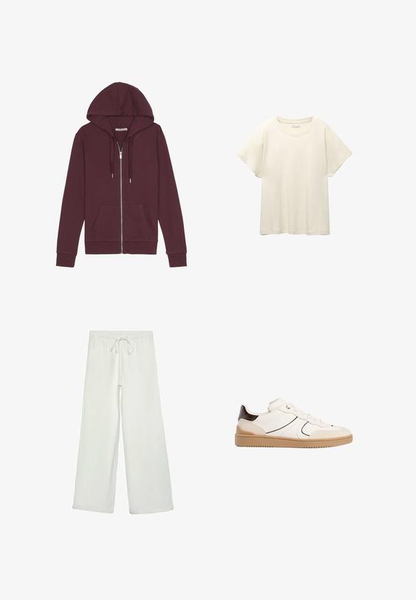 Burgundy zip-up hoodie med en dragsko på huvan, två framfickor, ribbade muddar och en slät tygtextur.; Ljus beige kortärmad t-shirt med rund halsringning, tillverkad av mjuk, slät tyg. Har en avslappnad passform och rak nederkant.; Vita vida byxor i mjukt tyg. Har en elastisk midja med dragsko och en slät yta. Inga synliga mönster eller metalldetaljer.; Stradivarius Sneakers - white