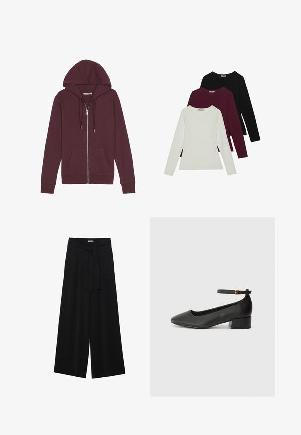 Felpa con zip color bordeaux, dotata di cappuccio regolabile, due tasche frontali, polsini a coste e una texture del tessuto liscia.; T-shirt a maniche lunghe in bianco, bordeaux e nero. Realizzate in tessuto morbido con scollatura rotonda e design aderente. Adatte per essere indossate a strati.; Pantaloni neri a gamba larga caratterizzati da un tessuto testurizzato, una vita elastica e una cintura staccabile per una vestibilità regolabile.; Pump in pelle nera con punta affusolata e tacco basso a blocco. Presenta una cinghia alla caviglia con una fibbia in tonalità oro. Texture liscia.