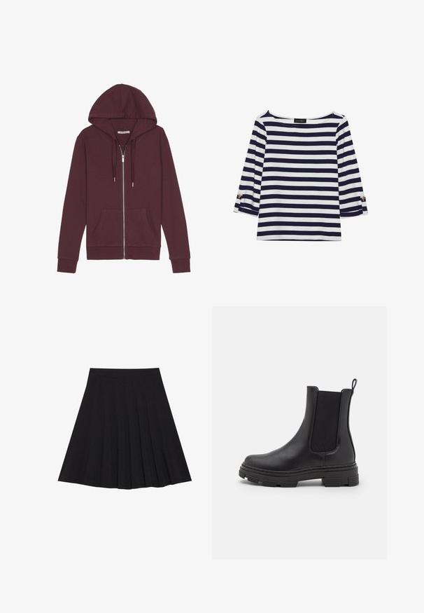 Burgundi színű zipzáros kapucnis pulóver, húzózsinórral a kapucnin, két elülső zsebbel, bordázott mandzsettákkal és sima szövet textúrával.; Tengerészkék és fehér csíkos, hosszú ujjú blúz, hajónyakkal és aranygombos díszítésekkel a felhajtott ujjain. Puha anyag, lazán illeszkedő fazon.; Fekete, pliszírozott szoknya texturált anyagból, szűk derékpánttal. Térd alá ér, sima, letisztult vonalvezetéssel.; Fekete bőrből készült bokacsizma, elasztikus oldalpanellel, kerek orral és textúrált gumitalppal. Hátulján hurok található a könnyű felhúzás érdekében.