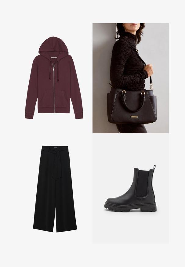 Burgundy zip-up hoodie with a drawstring hood, two front pockets, ribbed cuffs, and a smooth fabric texture.; Navy and white striped long-sleeve top with a boat neckline and gold-button accents on rolled sleeves. Soft fabric, relaxed fit.; Black wide-leg pants featuring a textured fabric, an elastic waistband, and a detachable sash tie at the waist for adjustable fit.; Black leather ankle boot with elastic side panels, rounded toe, and textured rubber sole. Features a loop at the back for easy wear.; Black handbag with textured surface, dual top handles, and adjustable shoulder strap. Features gold-tone hardware and side pockets.