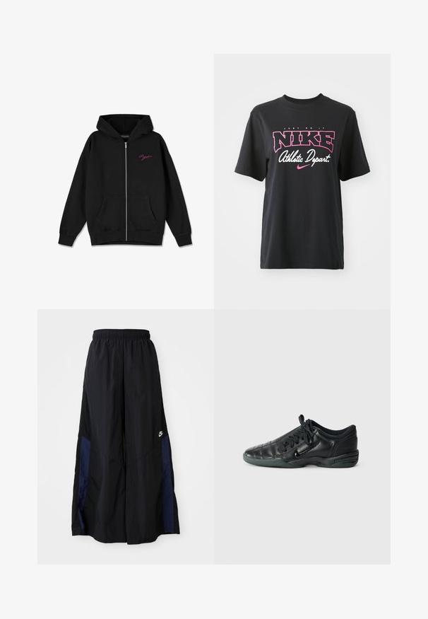 Juodas zip-up džemperis su priekinėmis kišenėmis, elastinėmis rankovėmis ir siuvinėtu rausvu logotipu kairiajame krūtinės šone. Pagamintas iš minkštos medžiagos.; Juodas medvilninis marškinėliai su rožiniu ir baltu grafiniu spaudiniu, kuriame yra tekstas "JUST DO IT", "NIKE" ir "Sporto skyrius". Standartinis pjūvis.; Juodos plačios kojų kelnės, pagamintos iš lengvos medžiagos, su tamsiai mėlyna šonine juostele ir elastinga juosmens juosta. Maža balta logotipo etikete apačioje.; Juodas odinis sportinis batelis su siuvinėtu dizainu, apvaliu pirštu, raištelių užsegimu ir guminėmis padangomis. Pusėje yra subtilus prekės ženklas.