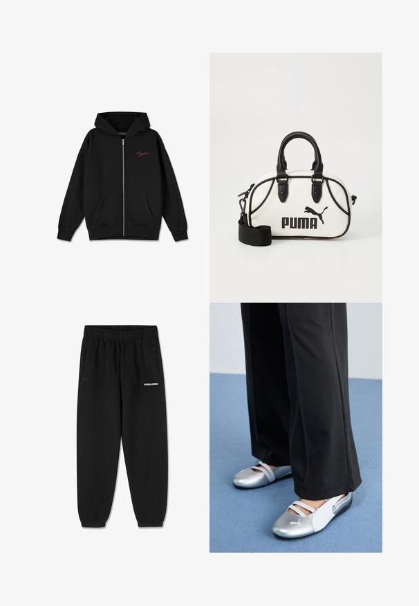 Schwarze Zip-Hoodie mit einer vorderen Tasche, gerippten Bündchen und einem gestickten pinken Logo auf der linken Brust. Aus weichem Stoff gefertigt.; Graue Baumwoll-T-Shirt mit kurzen Ärmeln, ausgestattet mit einem Rundhalsausschnitt und einem kleinen weißen "PEGADOR"-Logo auf der Vorderseite. Weiche Textur, lockere Passform.; Schwarze Jogginghose aus weichem Stoff, mit einem Kordelzugbund, schmal zulaufenden Beinen und seitlichen Taschen. "PEGADOR" Logo in Weiß auf der Vorderseite.; Silberne und weiße flache Schuhe mit überkreuzten Riemen und strukturierten Details, ergänzt durch lockere schwarze Hosen. Vor einem blauen Boden.; Weißer Handtasche mit schwarzen Akzenten, ausgestattet mit einem Puma-Logo. Kurze, abgerundete Griffe und ein abnehmbarer Schultergurt, hergestellt aus strukturiertem synthetischem Material.