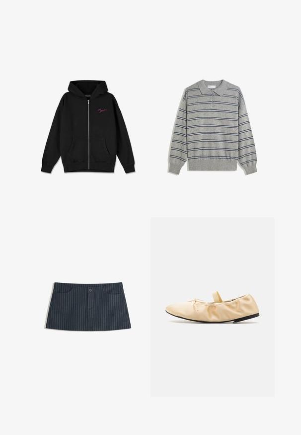 Black zip-up hoodie featuring a front pocket, ribbed cuffs, and an embroidered pink logo on the left chest. Made of soft fabric.; Gray long-sleeve polo sweater with a collared neck, featuring navy horizontal stripes and a button placket at the collar. Soft texture.; Navy blue pinstripe mini skirt with front pockets and a single button closure at the waist.; Proenza Schouler GLOVE BALLET FLATS - Ankle strap ballet pumps - light/pastel yellow