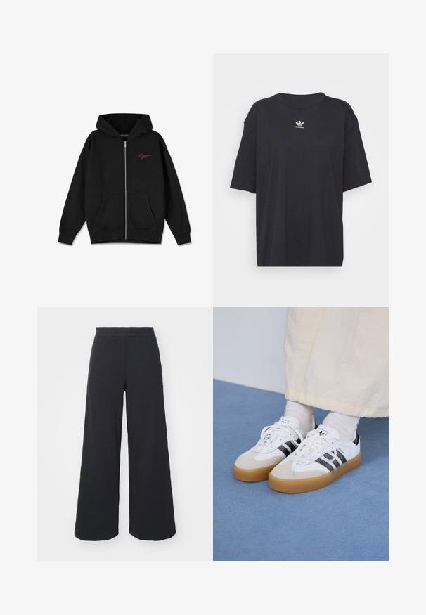 Crna dukserica na zatvarač s prednjim džepom, rebrastim manžetama i izvezenim ružičastim logotipom na lijevoj strani grudi. Izrađena je od mekanog materijala.; Crna pamučna majica kratkih rukava, okruglog izreza, s bijelim Adidas logom na prsima. Jednostavan dizajn, opušteni kroj.; Crne široke sweatpants hlače napravljene od mekog materijala, s elastičnim strukom i malim logotipom s lijeve strane.; Bjele tenisice s crnim prugama i bež suknjom. Imaju teksturiranu gumu potplat i ravne bijele vezice, nošene uz svijetle čarape.